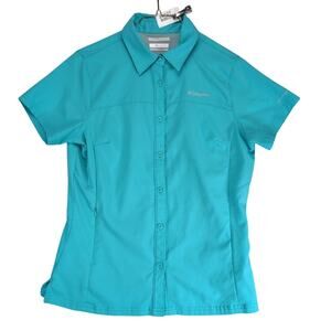 Columbia Omni-Shade Turquoise Button Up Shirt Women's M Short Sleeve Slim Vented